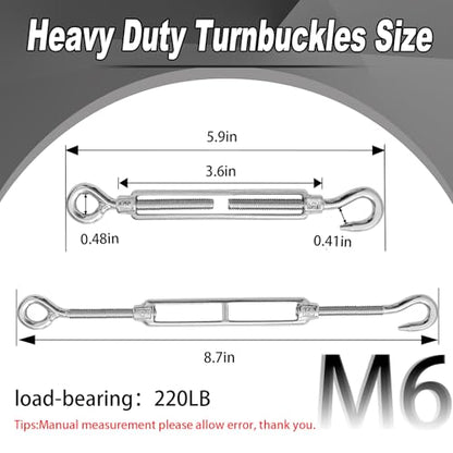 6 PCS M6 Hook and Eye Turnbuckles for Cables Wire Rope Tension | Made of 304 Stainless Steel, Corrosion Resistant & Easy to Use,220lbs Rated,Industrial Shade Sail Rigging - size: 6PCS-M6-OC