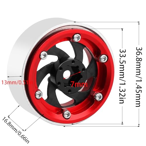 ModuWheel 1.3" Negative Offset Aluminum + Carbon Fiber Base Beadlock Wheels for 1/24 1/18 SCX24 TRX4m Ascent-18 RC Crawler (red) - color: red