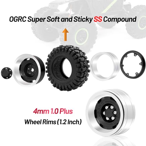 OGRC 1.3 Beadlock Wheel Tires -4mm Offset Wheels for 1/24 1/18 SCX24 TRX4M | Aluminum, 7mm Hex, Sticky Compound Rubber, for TRX4M AX24 FCX24 RC Carwler Car, Black - color: Black