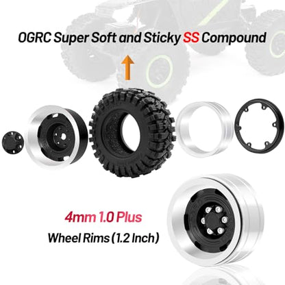 OGRC 1.3 Beadlock Wheel Tires -4mm Offset Wheels for 1/24 1/18 SCX24 TRX4M | Aluminum, 7mm Hex, Sticky Compound Rubber, for TRX4M AX24 FCX24 RC Carwler Car, Black - color: Black