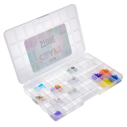 RoseArt Transparent 32 Grid Plastic Storage Box with Fixed Dividers - Organization Container for Loose Beads, Washi Tapes, Jewelry Supplies, Fishing Tackle and More - Made in U.S.A.