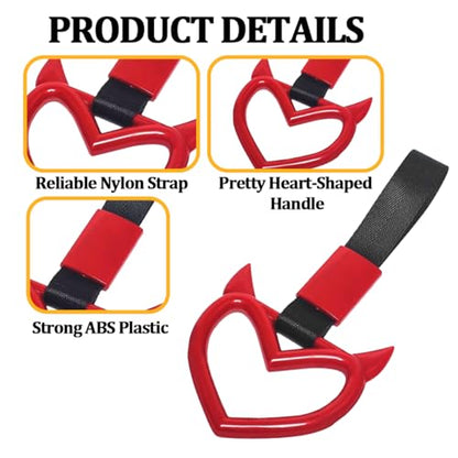 2PCS Car Devil Heart Handle Ring, Cute Heart-Shaped Vehicle Rear Bumper Waring Loops, Automotive Grab Handle Strap Drift Charm Decoration, Universal Fit (Red/Black) - color: Red/Black