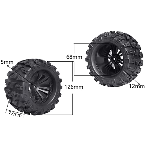 2.8'' Tires and Wheels 12mm Hex Pre-Glued 1/10 Monster Truck Tyres Sets for Traxxas Rustler Stampede Redcat Volcano Blackout MT Off-Road Cars Models 2S-4S Brushless Power, Set of 4