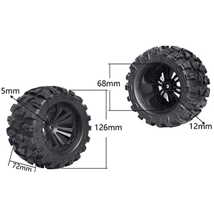 2.8'' Tires and Wheels 12mm Hex Pre-Glued 1/10 Monster Truck Tyres Sets for Traxxas Rustler Stampede Redcat Volcano Blackout MT Off-Road Cars Models 2S-4S Brushless Power, Set of 4