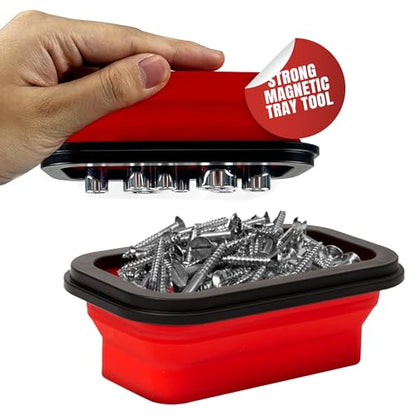 Magnetic Parts Tray Set 3-Pack - Collapsible Silicone Magnetic Tray with Strong Base - Multi-Size (Red) - color: Red