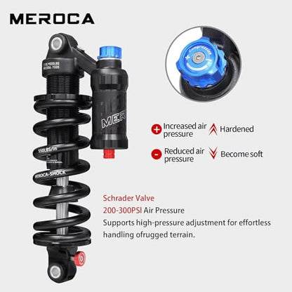MEROCA Adjustable Air Spring Coil Over Shock Absorber for Mountain Bikes, 190-265mm, 550LBS Spring, Rebound, Compression, Preload, and Air Pressure (200-300 PSI) Fits MTB/Downhill/eBikes - size: 190mm*550lbs