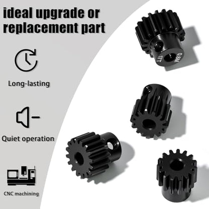 4Pcs 0.6M Hardened Steel Pinion Gear Set 3.175mm 14T 15T 16T 17T Motor Pinion Gear with M4 Screw and Hex Key, Fit 3.175mm (1/8-Inch) Shaft, for Arrma HPI Kyosho Losi Axial Traxxas Tamiya 1/10 RC Car - size: 0.6M-P-3.175mm-14-17T