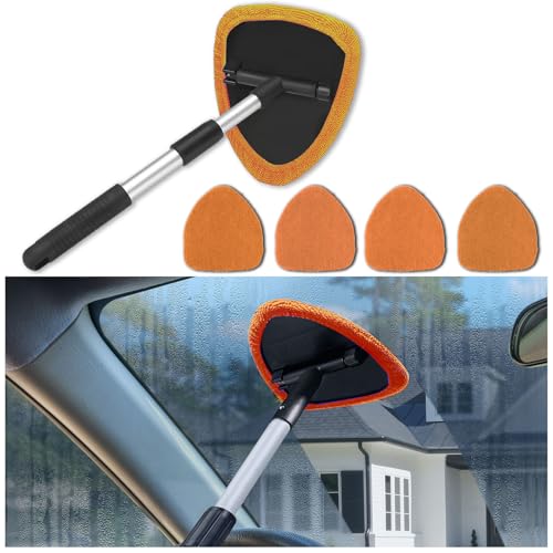 4 Pack Windshield Cleaning Tool with Extendable Handle, Orange | aluminum ABS and microfiber body, pivoting head, reusable cloth pads, fits most vehicle glass, auto cleaning tools - color: Orange