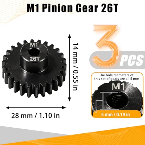 M1 Gear 26T 5mm Bore 3-Pack – High-Precision Hardened Steel Motor Pinion Gear for 1/8 1/10 RC Crawler, Monster Truck, Short Course Truck & Boat (Compatible with Traxxas Axial, FMS, HSP Redcat Losi) - style: M1 3Pcs 26T