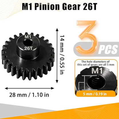M1 Gear 26T 5mm Bore 3-Pack – High-Precision Hardened Steel Motor Pinion Gear for 1/8 1/10 RC Crawler, Monster Truck, Short Course Truck & Boat (Compatible with Traxxas Axial, FMS, HSP Redcat Losi) - style: M1 3Pcs 26T