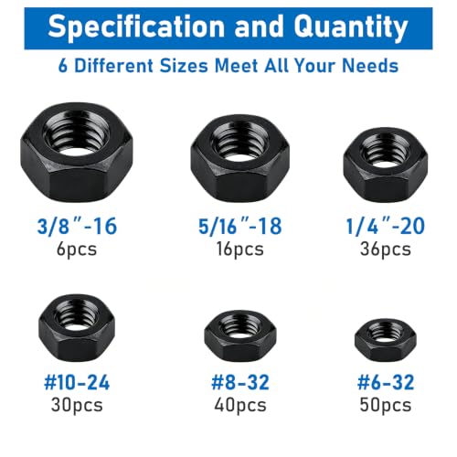SAE Black Hex Nuts, 178 Pack A2-70 Inch Coarse Thread Hardware Nuts | #6-32 #8-32 #10-24 1/4"-20 5/16"-18 3/8"-16 Sizes, Black Zinc Plated, Rust Resistant for Auto & Machinery Repair - color: Black, size: SAE