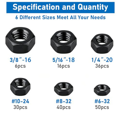 SAE Black Hex Nuts, 178 Pack A2-70 Inch Coarse Thread Hardware Nuts | #6-32 #8-32 #10-24 1/4"-20 5/16"-18 3/8"-16 Sizes, Black Zinc Plated, Rust Resistant for Auto & Machinery Repair - color: Black, size: SAE