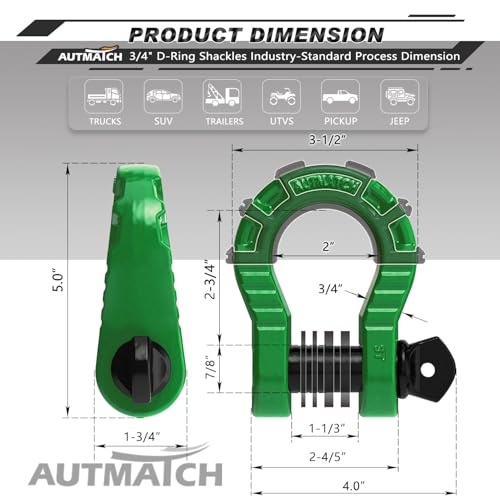 AUTMATCH D Ring Shackle 3/4" Mega Shackle (2 Pack) 68,000Ibs Break Strength - Heavy Duty Clevis Shackle with 7/8" Screw Pin & Isolator Washer for Tow Strap Winch Off Road Vehicle Recovery, Dark Green - color: Dark Green & Black