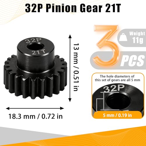 32P 21T RC Car Gear Set | 45# Steel Black Oxide | 5mm Bore +0.03mm | Precision Engineered Motor Pinion Gear Compatible with Traxxas/ARRMA/HPI/Kyosho (3-Pack with M4 Set Screws) - style: 3Pcs 21T