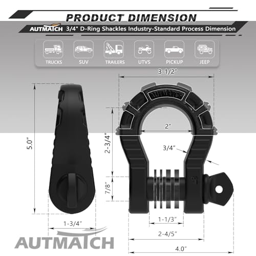 AUTMATCH D Ring Shackles 3/4" Mega Shackle (2 Pack) 68,000Ibs Break Strength - Heavy Duty Clevis Shackles 7/8" Screw Pin & Isolator Washer for Tow Strap Winch Off Road Vehicle Recovery, Matte Black - color: Matte Black