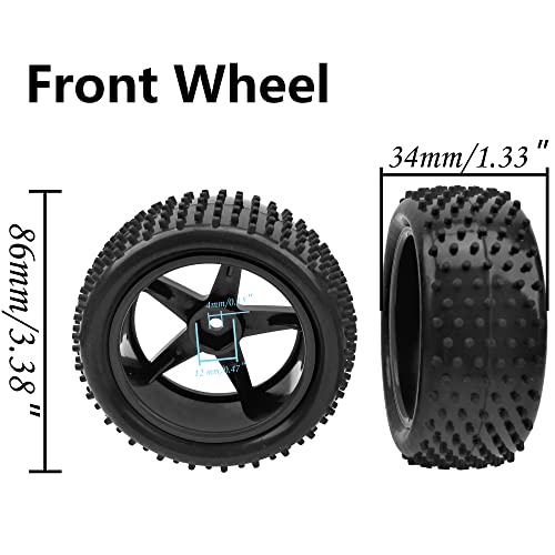 4Pack HIRCQOO OD 88mm/3.46" Front & Rear Rubber Plastic Wheel Rims Tires 12mm Hex Hub Compatible with Redcat Tornado Shockwave HPI HSP ExceedRC Kyosho 1/10 Scale Off Road Buggy (Black) - color: Black