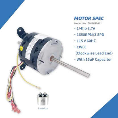 F48AE48A61 Fan Motor Replaces genteq, 3314471.011/3314471.013,1/4HP 1650RPM/3SPD Compatible with RV AC Dometic Duo-Therm Penguin II 641815/641816/641835/641915/641916/641935,115V, LEUNGOO
