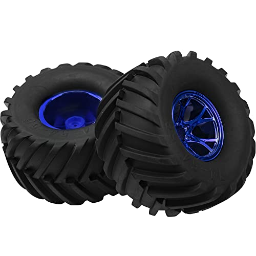 5.31''OD Rubber Tires & Wheel Rim 12mm Hex Hub Compatible with Traxxas Rustler HPI HSP Volcano Tamiya Exceed Himoto 1/10 Off-Road Monster Truck,135mmx73mm (Blue) - color: Blue