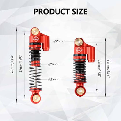 FCX24 Shocks 47MM Oil-Filled Shocks Absorber With Springs | Long Travel Shocks For FMS FCX24 FCX18 Upgrades 1/24 1/18 RC Crawler - color: Red