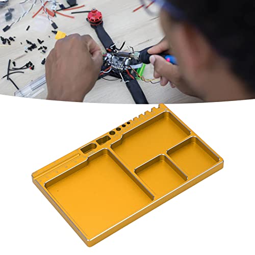 RC Magnetic Tray, 16x10x1.1cm Universal Aluminium Alloy Screw Tray RC Model Repair Tool Tray with Magnetic Pad for RC Trucks (Gold) - color: Gold
