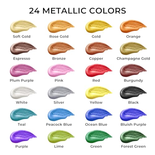 Artme Metallic Acrylic Paint Set, 24 Metallic Colors in 2 oz/60ml Bottles, Metallic Shining Acrylic Paint, Rich Pigments Paint Perfect for Artists, Beginners on Canvas, Rocks, Wood, Fabric, Ceramic