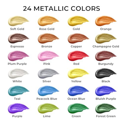 Artme Metallic Acrylic Paint Set, 24 Metallic Colors in 2 oz/60ml Bottles, Metallic Shining Acrylic Paint, Rich Pigments Paint Perfect for Artists, Beginners on Canvas, Rocks, Wood, Fabric, Ceramic