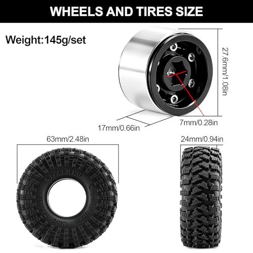 1.0" Beadlock Aluminum Wheels and 64mm Soft Rubber Tires | for SCX24, TRX4M, Ascent 18, FCX24, 1/18 1/24 RC Crawler, 7mm Hex, 0mm Offset, with Foam Inserts, (Black 356) - color: Black 356