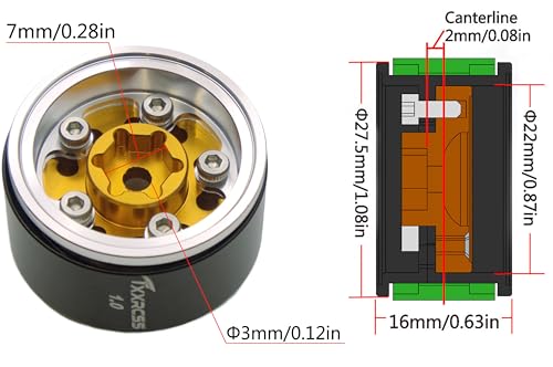 RC 1.0 Beadlock Wheels Offsets -2 Aluminum Rims for AX24 1/18 TRX4M All 1/24 Scale SCX24 Deadbolt RC Crawler Car Wheels Upgrades 4Pc (Golden & Silver) - color: Golden & Silver