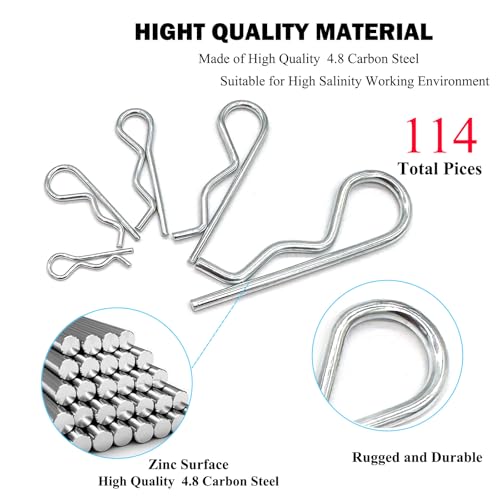 114 Pcs Hitch Pin Clip R Clips Retaining Pins Tractor Cotter Pin Hair Pin Assortment Spring Clip Retainer Pins Hitch Keeper Pins Kit for Dolly Pins/Trailer Pin Clips/Hand Ttruck Pin Replacement - size: Galvanized 114 pcs in 5 size