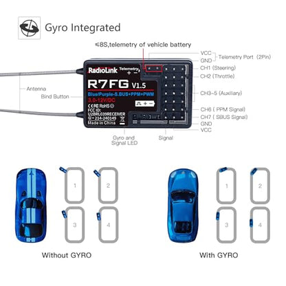 Radiolink R7FG 7-Channel Water-Splash Proof RC Gyro Receiver for RC Crawler | 2.4G Voltage Telemetry RX for RC Crawler Drifting Car, Boat, Bind with Radio Controller RC8P/RC8X/RC4GS V3/RC6GS V3/T8S/T8FB