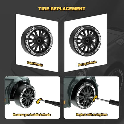Remote Control Car RC Drift Car 2.4GHz 1:20 Scale 4WD 20KM/H High Speed Remote Control Cars with LED Lights Drifting Tire 2Pcs Rechargeable Batteries Toy Cars for Adults Boys Girls (Gray Green) - color: Gray Green