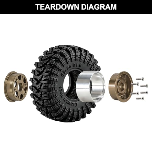 1.0" Beadlock Aluminum Wheels and 63mm Soft Rubber Tires | for SCX24, TRX4M, Ascent 18, FCX24, 1/18 1/24 RC Crawler, 7mm Hex, 0mm Offset, with Foam Inserts, (Red 345) - color: Red 345
