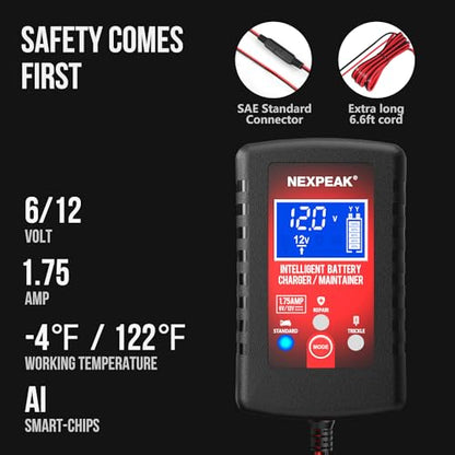 3-Pack 1.75A Car Battery Charger, 6V &12V Smart Battery Trickle Charger | Fully automatic 6V/12V Battery Charger, LCD screen monitors real-time status, Multi-protection for cars, boats, motorcycles