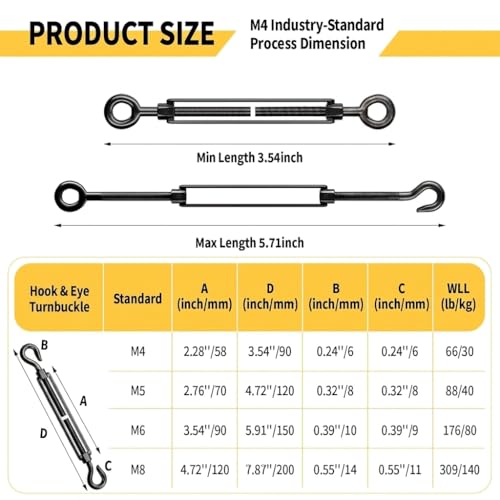 10 Pack Black Stainless Steel M6 Hook and Eye Turnbuckle, Heavy Duty Wire Rope Tensioner, Adjustable Hardware Kit for DIY String Light and Picture Hanging, Shade Sail, Cable Tightening - color: Hook and Eye, size: M6-10 Pcs