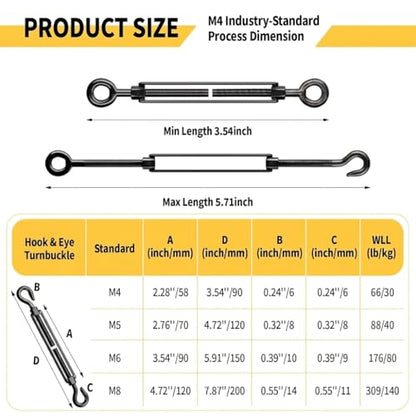 10 Pack Black Stainless Steel M6 Hook and Eye Turnbuckle, Heavy Duty Wire Rope Tensioner, Adjustable Hardware Kit for DIY String Light and Picture Hanging, Shade Sail, Cable Tightening - color: Hook and Eye, size: M6-10 Pcs