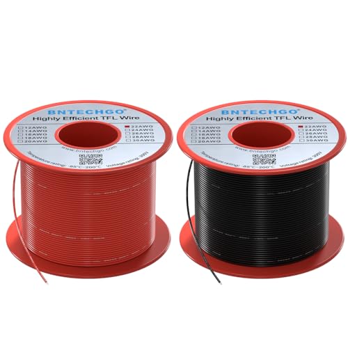 BNTECHGO 22AWG FEP Teflon Coated Wire 2 Color Each 100ft Tin-Plated Copper | 22 Gauge Strands Wire High-Temp FEP Insulation, -65°C to 200°C Rated, Aerospace Wiring, Medical Wiring, Scientific Equipment - size: 100ft Red and 100ft Black