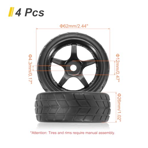 uxcell 4-Pair High-Grip RC Car Tire & Wheel Set for 1/10 Scale On-Road Touring Cars - Soft Rubber Tyres with 12mm Hubs, Black, Type g