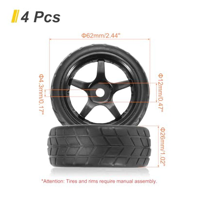 uxcell 4-Pair High-Grip RC Car Tire & Wheel Set for 1/10 Scale On-Road Touring Cars - Soft Rubber Tyres with 12mm Hubs, Black, Type g
