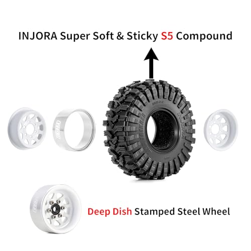 INJORA 1.0 Beadlock Wheel Tires Set -3.78mm Offset for 1/18 1/24 RC, White - color: White