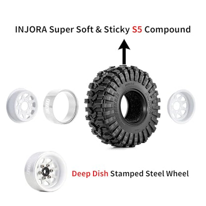 INJORA 1.0 Beadlock Wheel Tires Set -3.78mm Offset for 1/18 1/24 RC, White - color: White