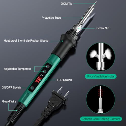 Soldering Iron Kit, 70W Soldering Gun with LED Digital Display, Adjustable Temperature 356-932℉ Solder Kit for Electronics, Includes 5pcs Tips, Stand, Solder Wire, Sponge, Paste, Green - color: Green