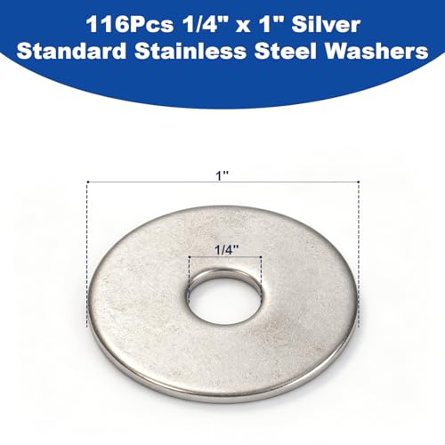 ZQZ 116Pcs 1/4" x 1" Flat Washers, 304 Stainless Steel Fender Washers, Standard Stainless Steel Washers for Screws - size: S-1/4" x 1"-116 Pieces