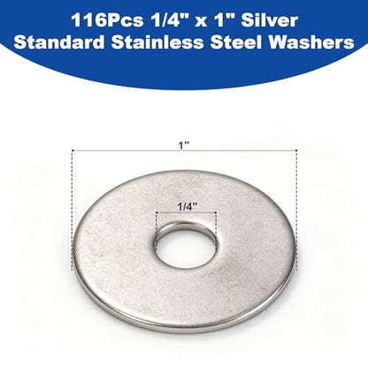 ZQZ 116Pcs 1/4" x 1" Flat Washers, 304 Stainless Steel Fender Washers, Standard Stainless Steel Washers for Screws - size: S-1/4" x 1"-116 Pieces