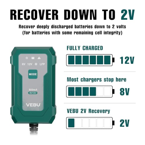 Motorcycle Trickle Charger 800mA Smart Battery Charger & Maintainer - Automatic for 6V/12V Lead Acid/Lithium Batteries, Plug & Play for Car Motorcycle Boat RV - size: 0.8A