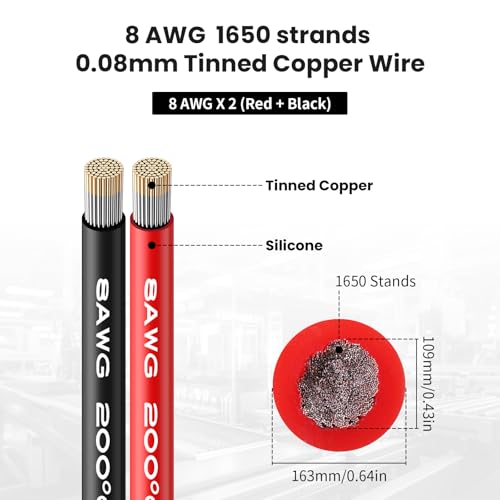 8 AWG Silicone Wire, 10 ft Red and 10 ft Black | Flexible fine-strand tinned copper cable with heat-resistant silicone insulation for batteries, RC and electronics wiring. - style: 8 AWG 10ft Red+10ft Black
