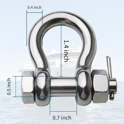 Stainless Steel D Ring Shackles 1/4" 5/16" 3/8" 1/2 inch 316 SS Heavy Duty Boat Anchor Shackle Marine Grade Bow Shackles with Cotter Pins - style: 3/8 inch 4 Pack(Bolt diameter 1/2 inch)