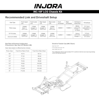 INJORA Front Mounted Transmission LCG Carbon Fiber Chassis Kit for 1/10 RC Crawlers Upgrade(INC-10F)