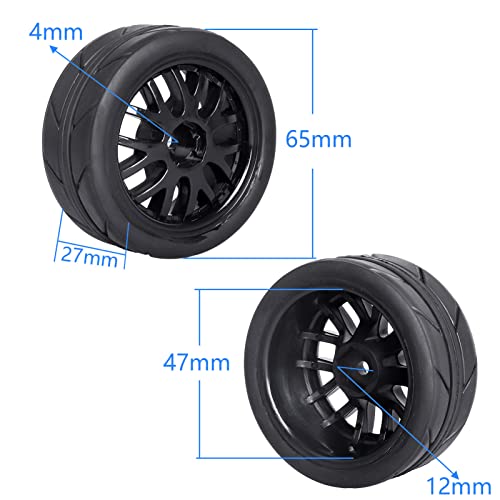 Pre-Glued OD 2.56" 12mm Hex Wheels Rims & Rubber Tires 26mm for 1/10 Scale On Road Racing Car Drift RC Touring Car, Set of 4 (Color C) - color: Color C