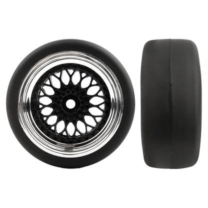 4-Pack RC 1/10 Scale On Road Slick Tires OD2.55 Rubber Wheel Rims 12mm Hex Compatible with Traxxas 4 Tec 2.0 Tamiya TT01 XV01 Kyosho WR8 Sakura WLtoys HPI Touring Racing Car - color: Black
