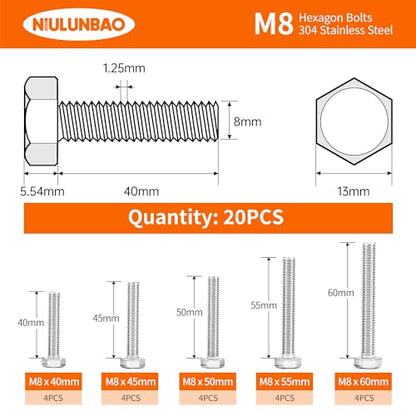 M8 x 40mm 45mm 50mm 55mm 60mm Heavy Duty Hexagon Bolts Hex Head Screws, 304 Stainless Steel, Machine Fully Thread, Metric, Bright Finish, Assortment Kit 20PCS - size: M8 x 40/45/50/55/60mm (20PCS)